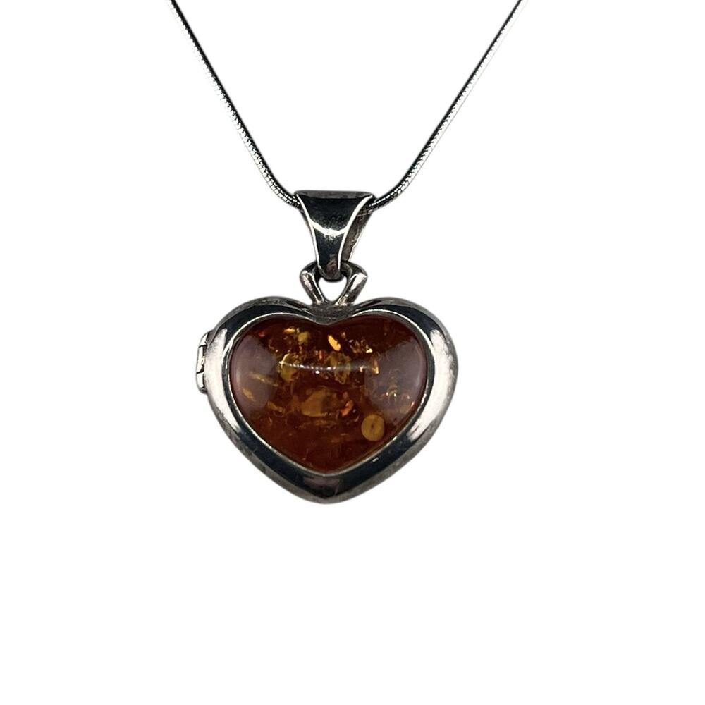 JK Vintage Sterling Silver Necklace Amber Heart Pendant 18" Snake Chain Locket